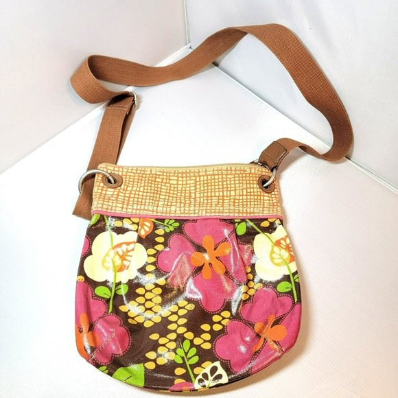 Fossil Multicolor Zip Bucket Purse Medium Large Floral Flower Crossbody Shoulder - Picture 1 of 9